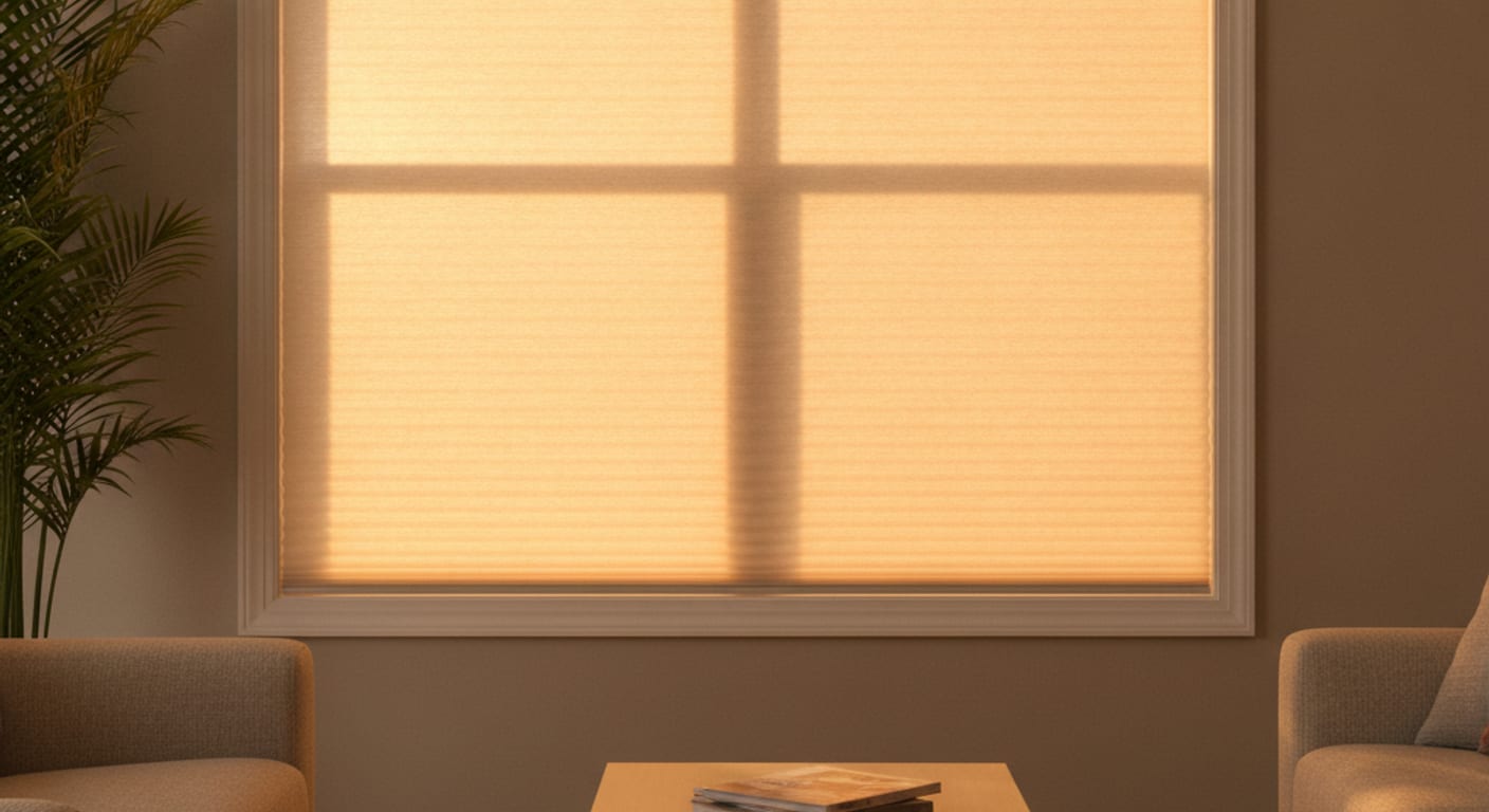 Double-cell honeycomb shade lowered on a west-facing window in a Pinellas County home