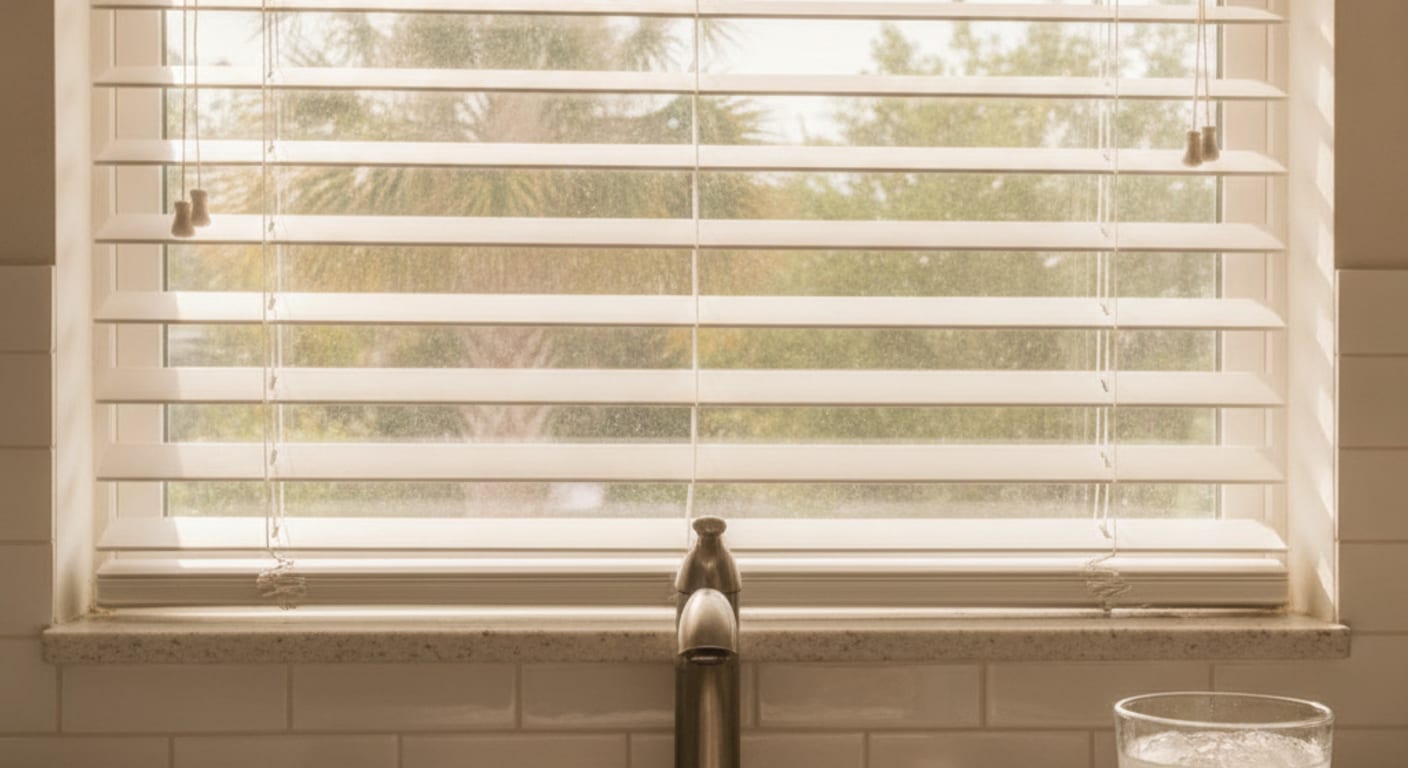 Close-up of faux wood blinds installed on a window in a Pinellas County kitchen