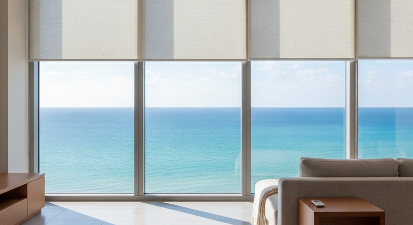 Motorized shade lowered over a floor-to-ceiling window in a Gulf Beaches condo