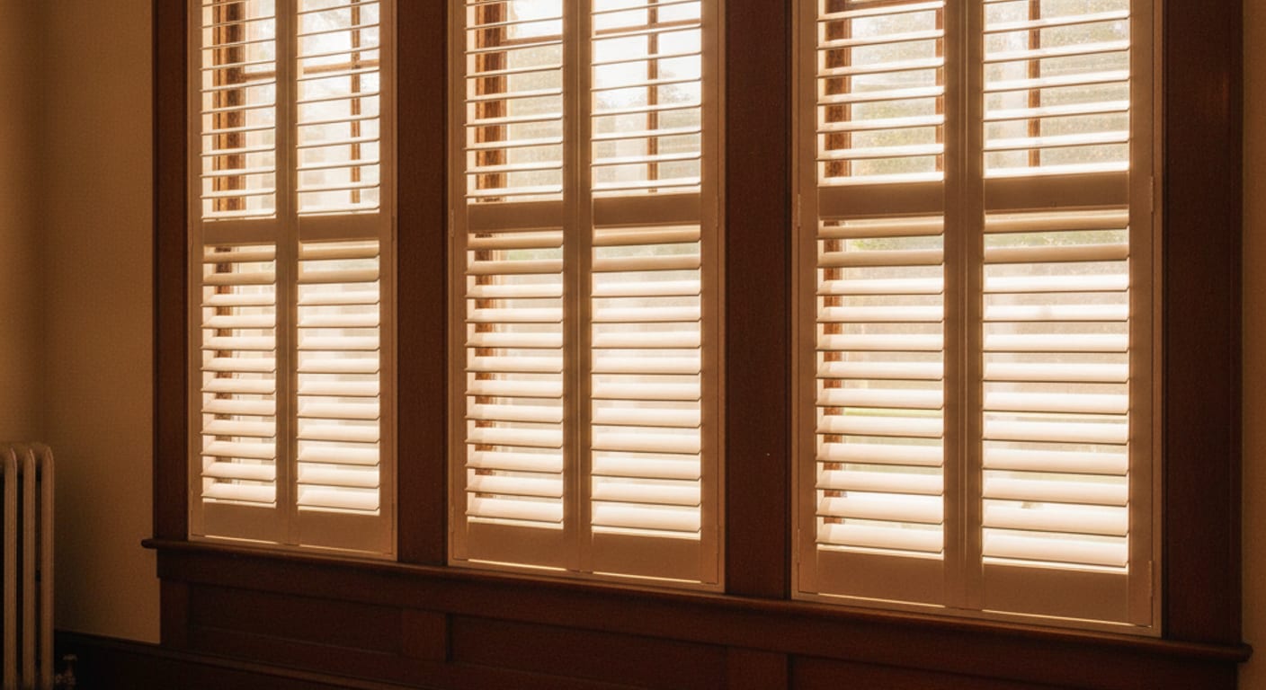 Plantation shutters installed on tall windows in a St. Petersburg bungalow