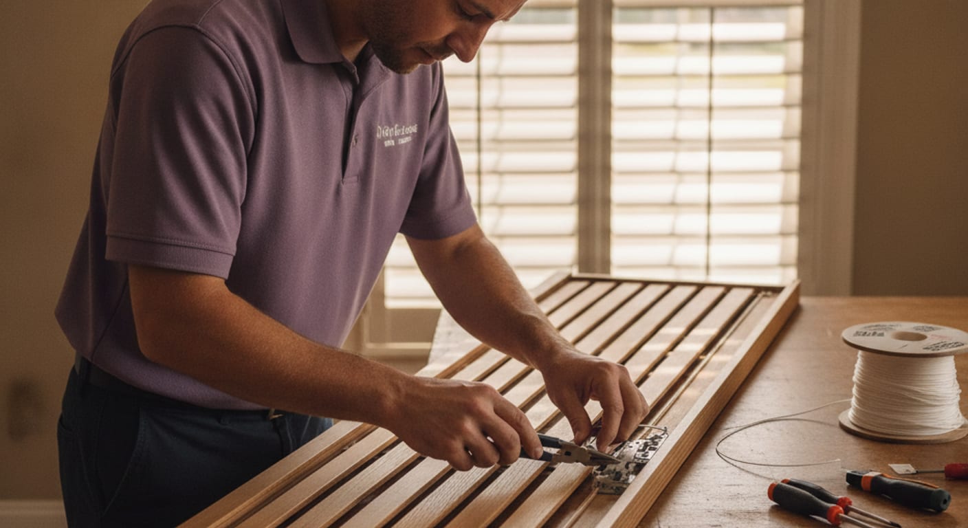 Technician repairing a lift cord on a custom blind in a Pinellas County home