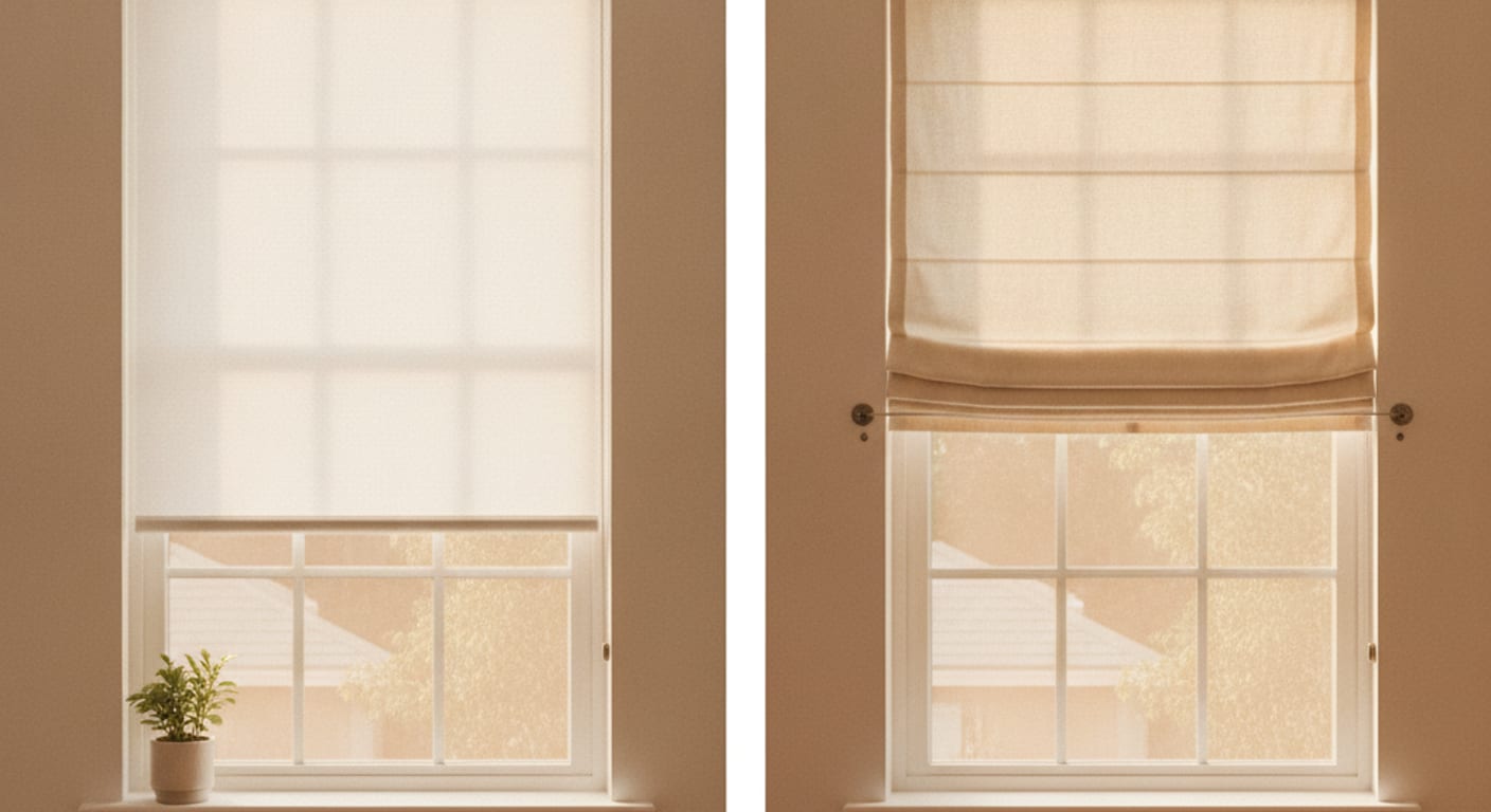 Side by side comparison of a roller shade and a roman shade in a Pinellas County home