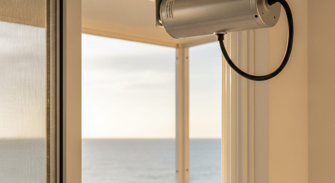 Corrosion-resistant motorized shade hardware installed on a Gulf-facing lanai window