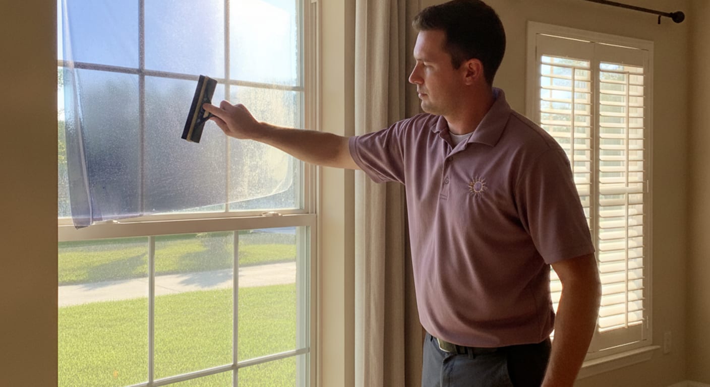 Technician applying solar window film to a large window in a Pinellas County home