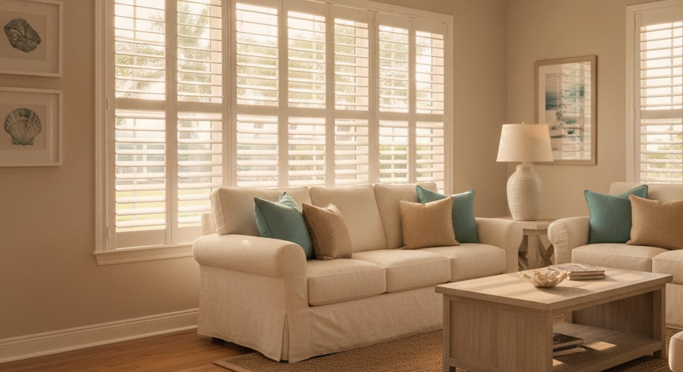 Custom plantation shutters installed in a Pinellas County living room
