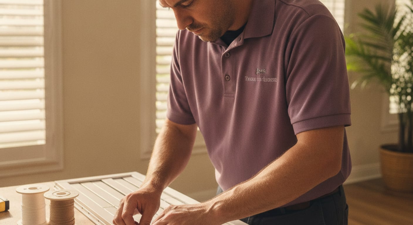 Technician restringing a custom blind in a Pinellas County home