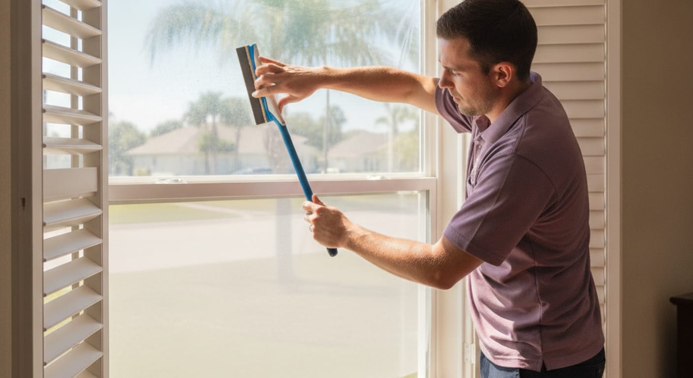 Solar window film applied to a large window in a Pinellas County home